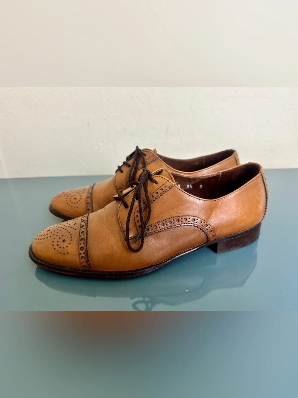 VTG Brassboot Mens Oxford Sz 8.5 D Tan Leather Cap Toe Brogue Italy Dress Shoes